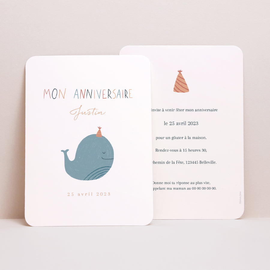 Invitations Anniversaire Enfant Portrait, bords arrondis Baleine Bleue photo