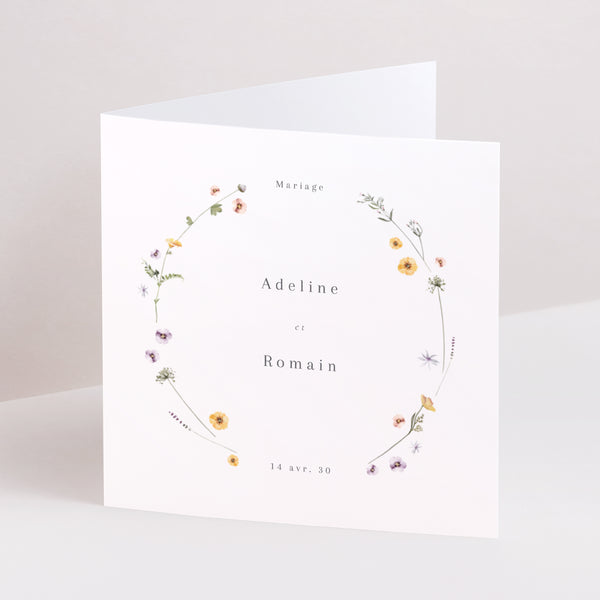 Faire-part Mariage Carré double volet Couronne petites fleurs photo