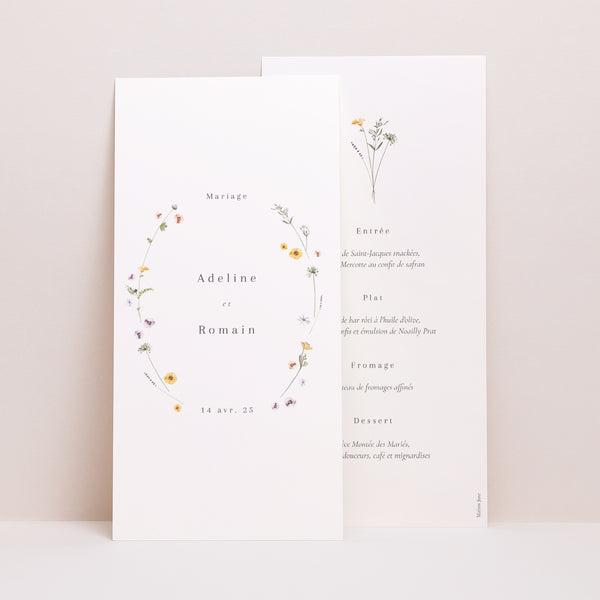 Menu Mariage Panoramique portrait Couronne petites fleurs photo