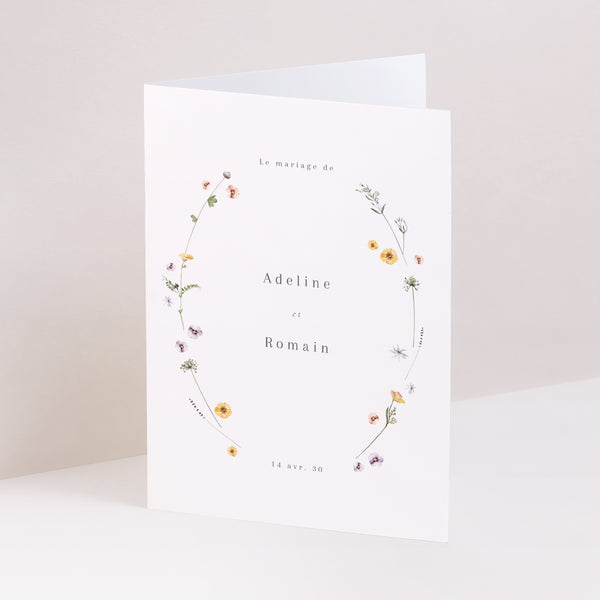 Faire-part Mariage Portrait double volet Couronne petites fleurs photo