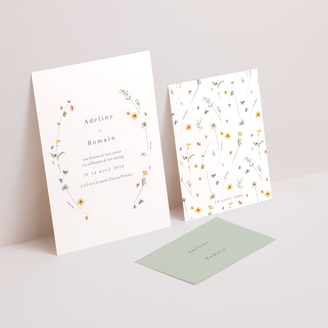 Faire-part Mariage 3 cartes, ruban Couronne petites fleurs photo N° 2