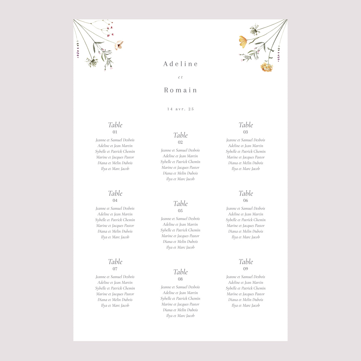 Plan de table Mariage Portrait Couronne petites fleurs photo N° 2
