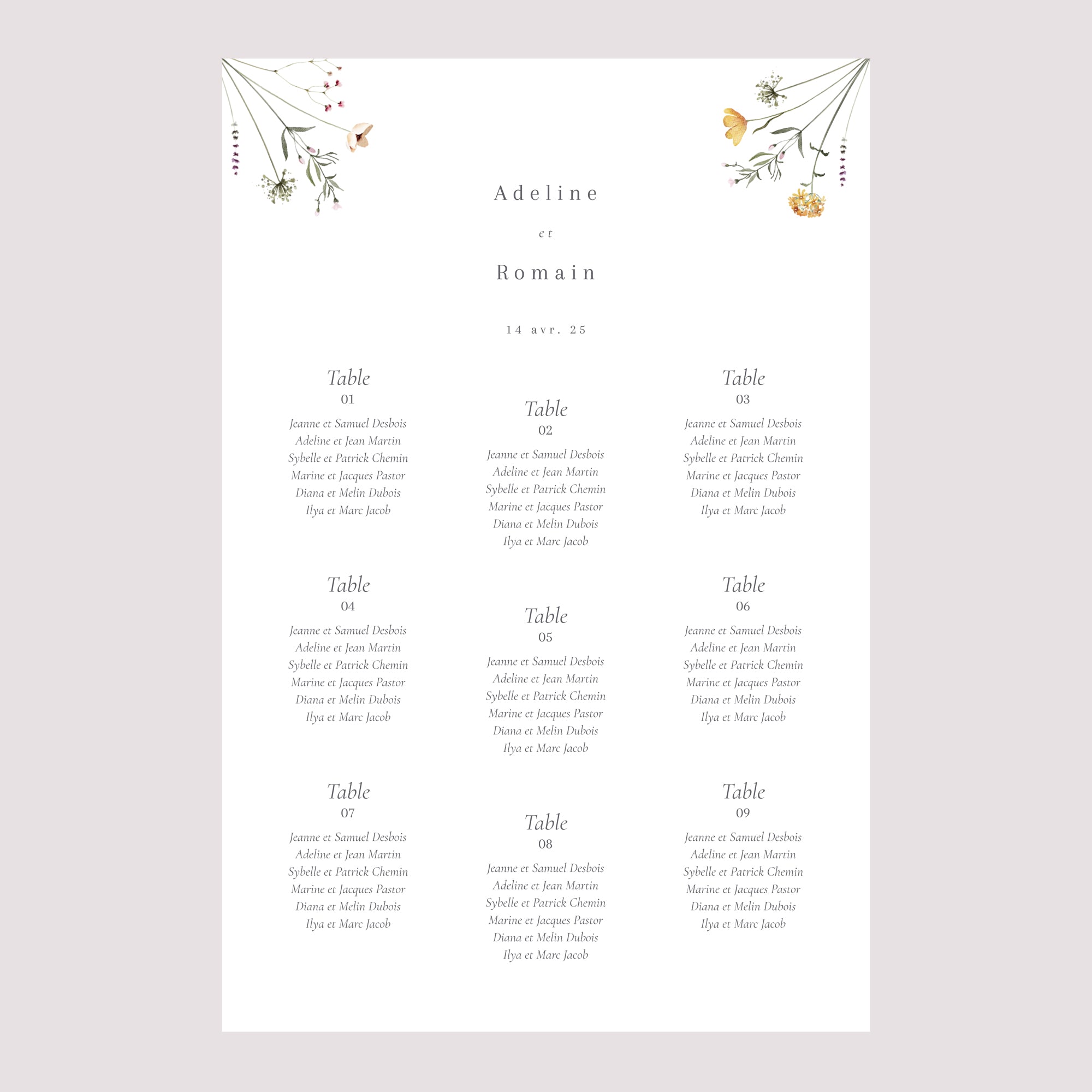 Plan de table Mariage Portrait Couronne petites fleurs photo N° 2