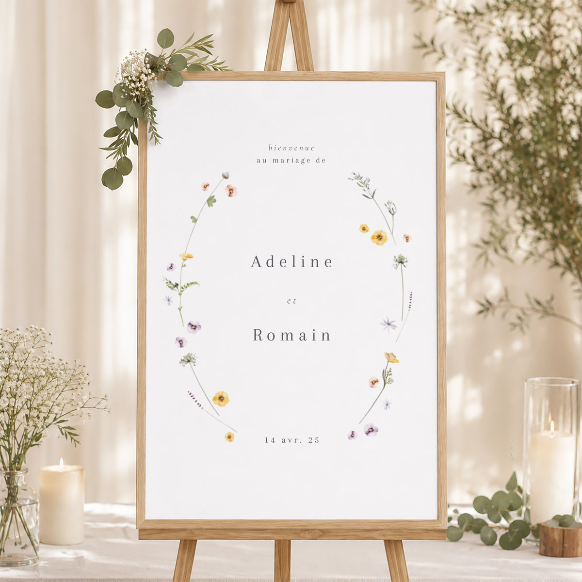 Panneau bienvenue Mariage Portrait 60 x 90 cm Couronne petites fleurs photo N° 1