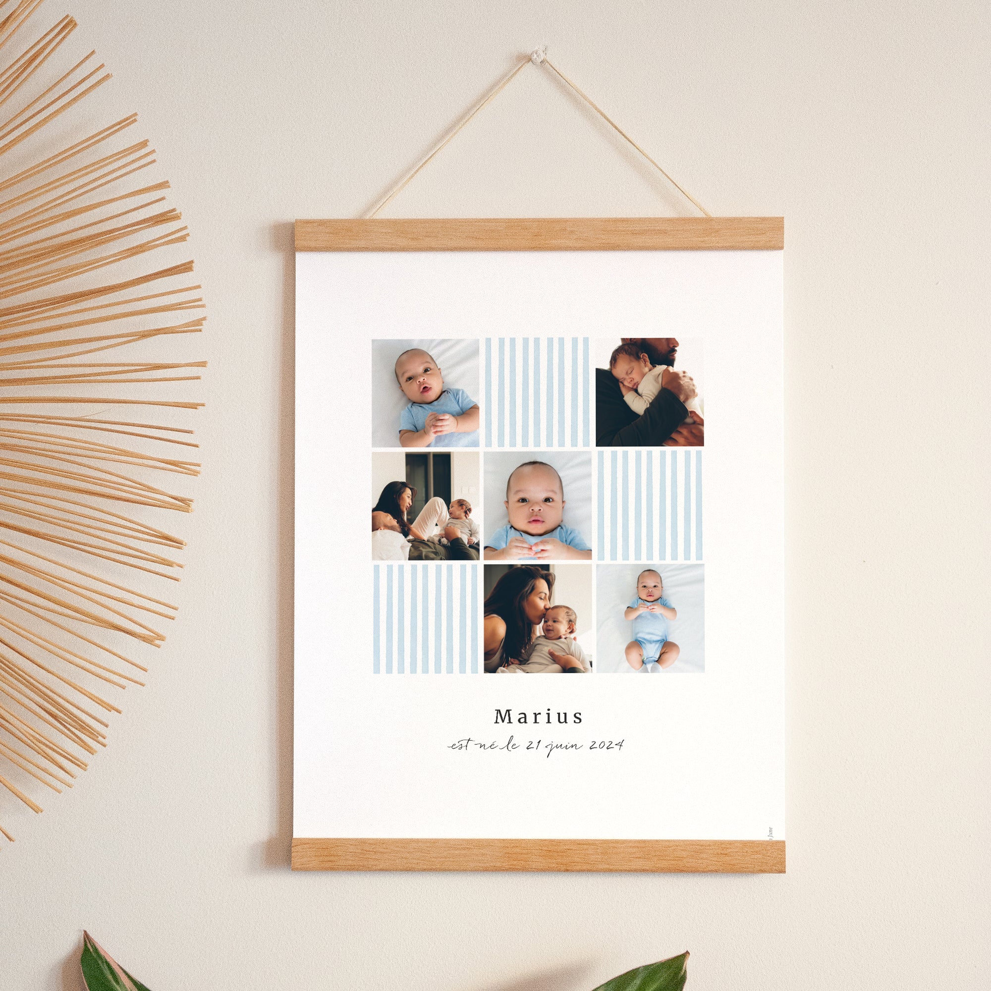 Affiche Naissance Portrait 30 x 40 cm Rayures bleu Ciel photo N° 1