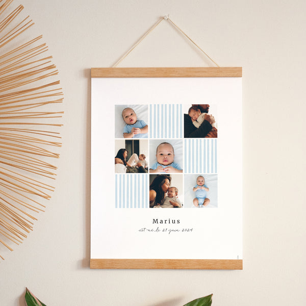 Affiche Naissance Portrait 30 x 40 cm Rayures bleu Ciel photo