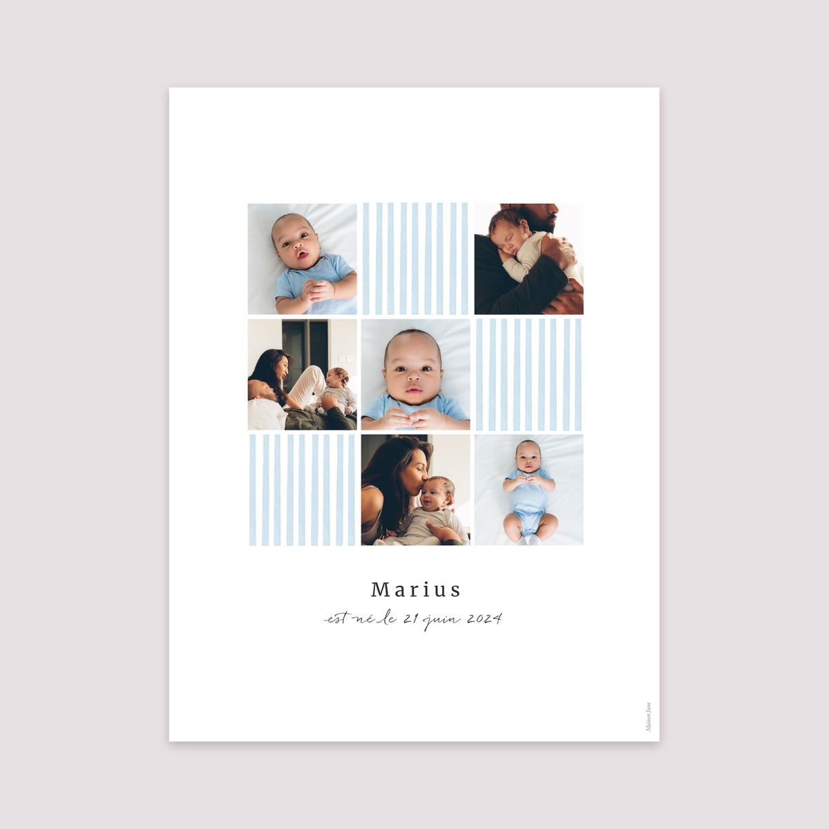 Affiche Naissance Portrait 30 x 40 cm Rayures bleu Ciel photo N° 2
