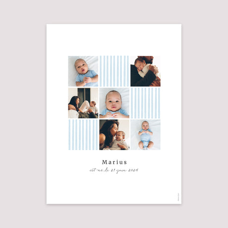 Affiche Naissance Portrait 30 x 40 cm Rayures bleu Ciel