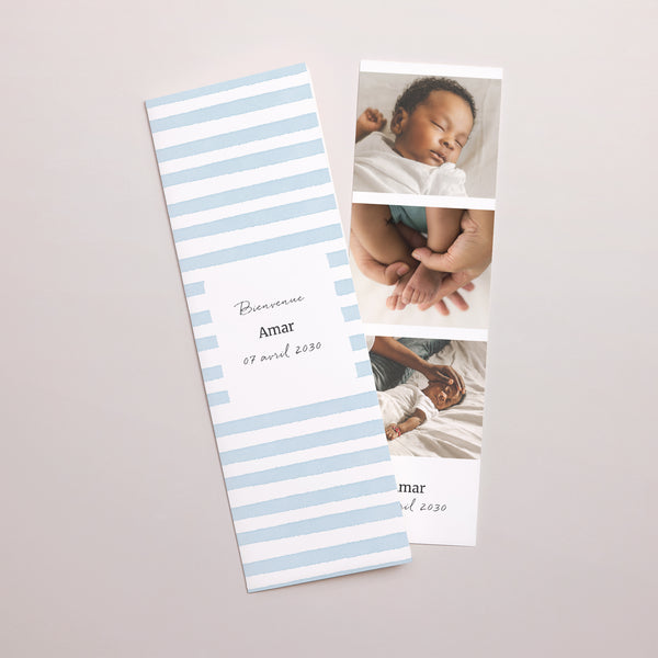 Faire-part Naissance Marque-page photo Rayures bleu Ciel photo