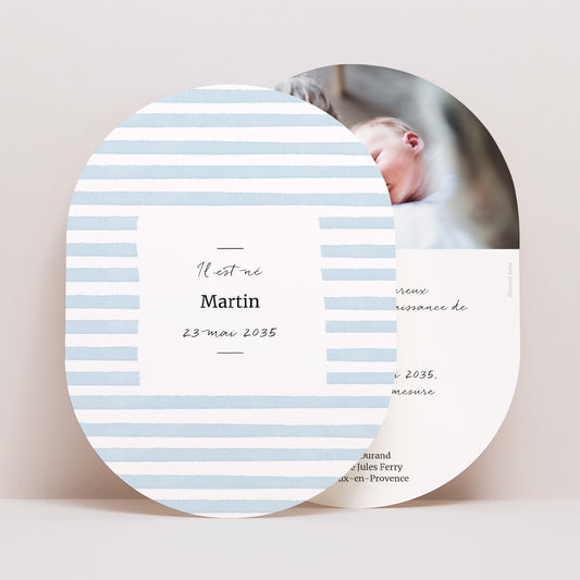 Faire-part Naissance Ovale Rayures bleu Ciel photo