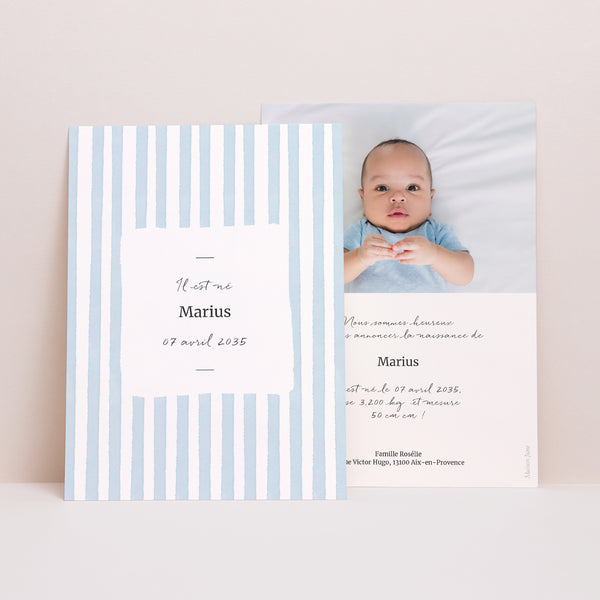 Faire-part Naissance Portrait Rayures bleu Ciel photo