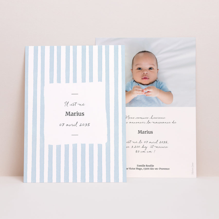 Faire-part Naissance Portrait Rayures bleu Ciel photo