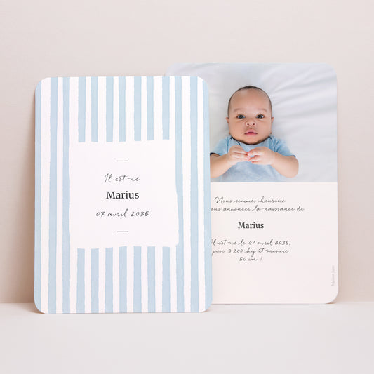 Faire-part Naissance Portrait, bords arrondis Rayures bleu Ciel photo