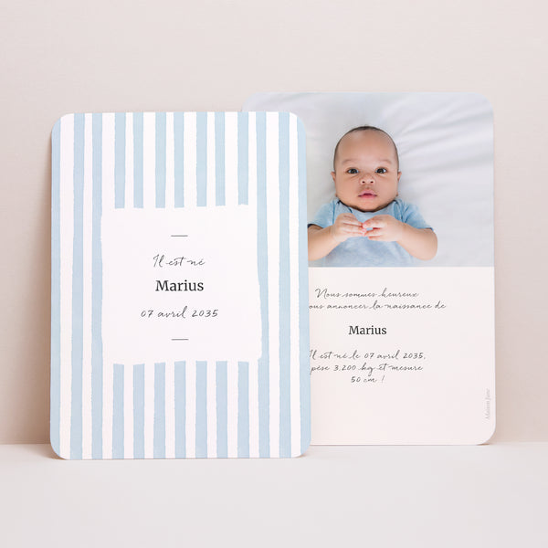 Faire-part Naissance Portrait, bords arrondis Rayures bleu Ciel photo