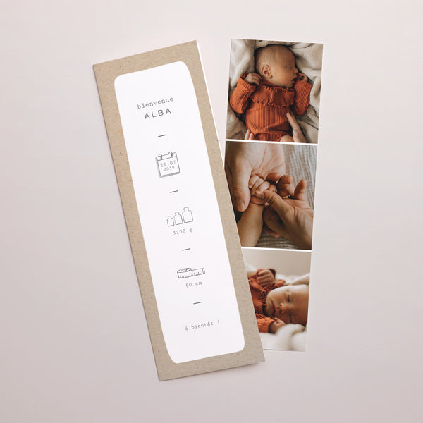 Faire-part Naissance Marque-page photo Kraft Pictos photo