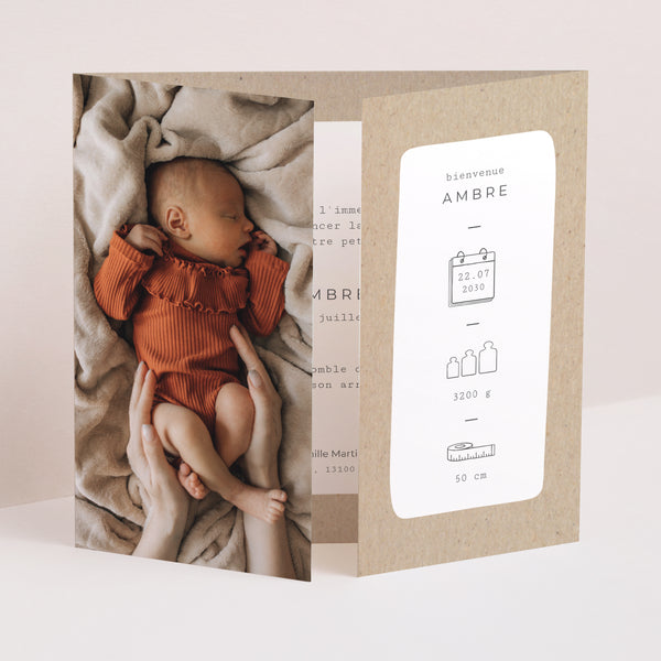 Faire-part Naissance Triptyque ouverture fenêtre Kraft Pictos photo