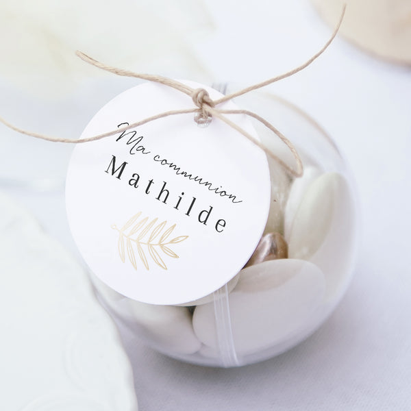 Boîte à dragées Communion boule avec étiquette ronde Jolie couronne photo