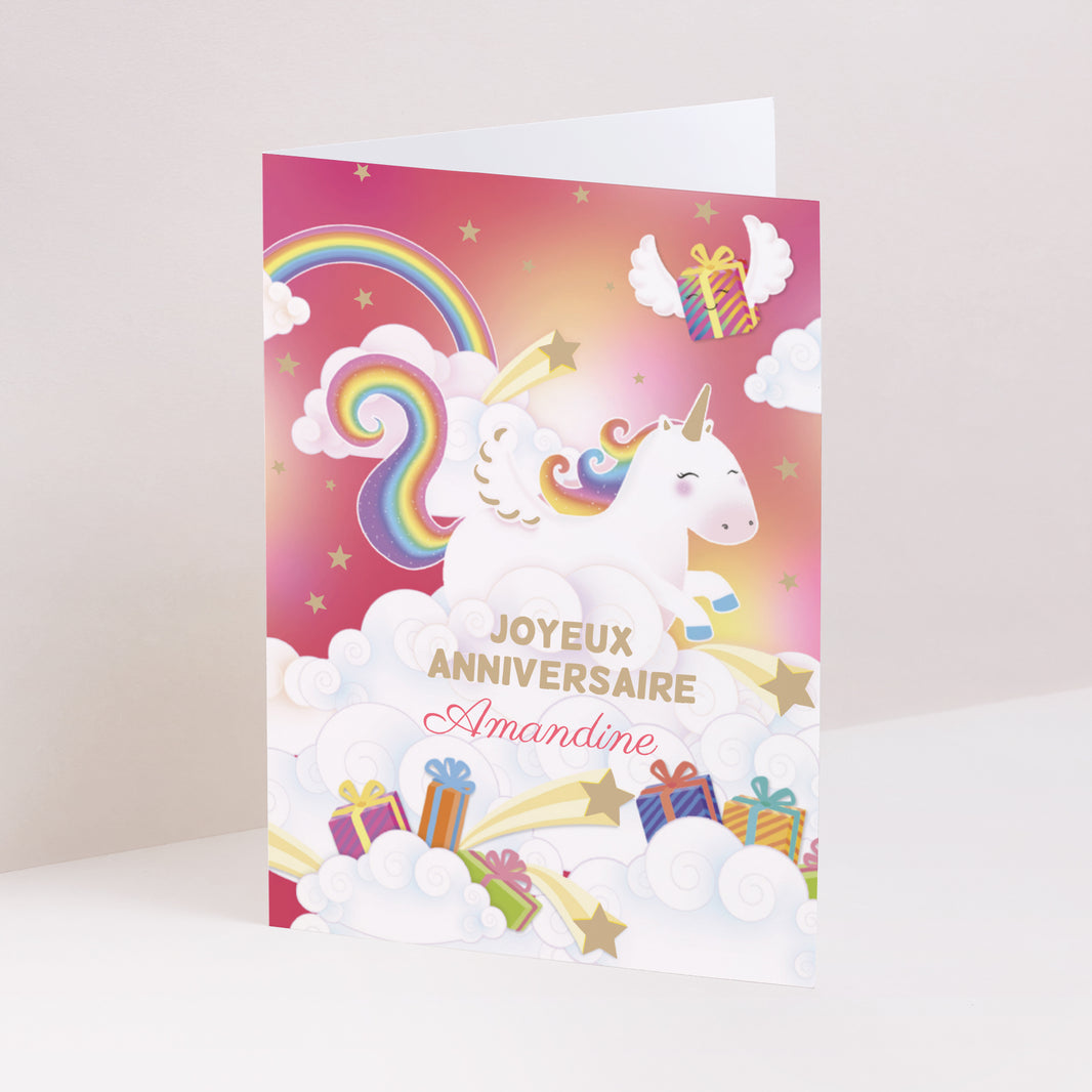 Invitations Anniversaire Enfant Portrait double volet Licorne dorée, anniversaire enfant photo N° 1