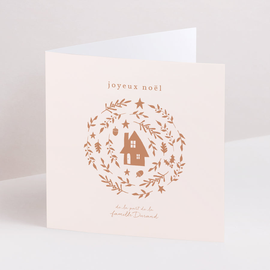 Carte de voeux Fin d'année Carré double volet composition circulaire noël terracotta photo