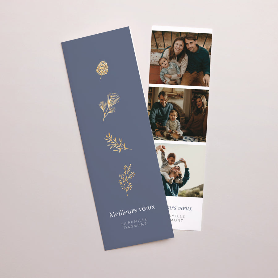 Carte de voeux Fin d'année Marque-page photo Eléments Noël dorés photo