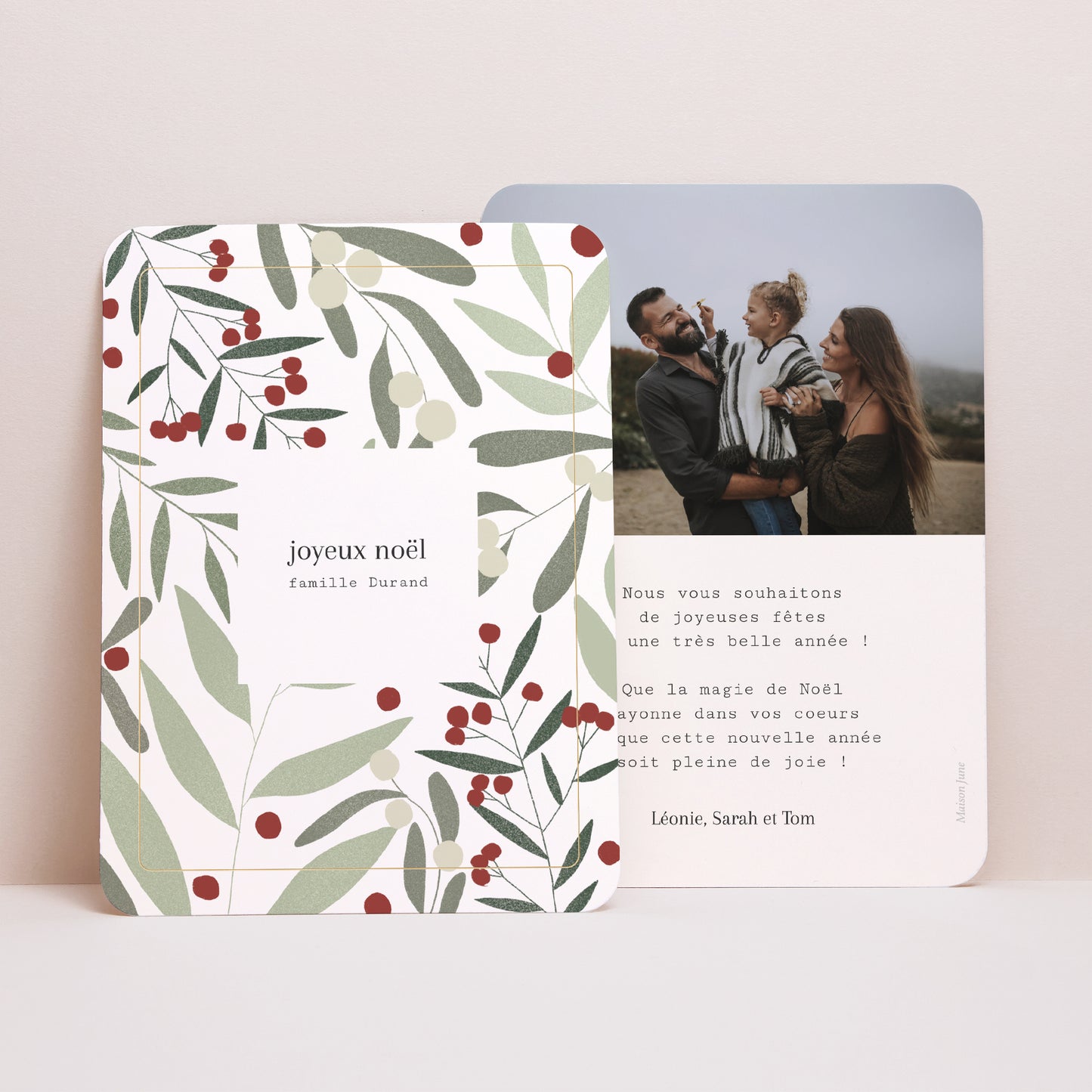 Carte de Noel Fin d'année Portrait, bords arrondis motif noël, tons verts photo N° 1