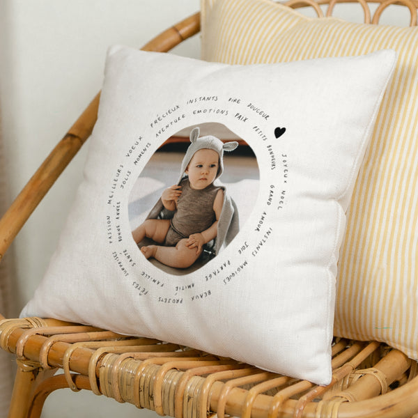Coussin Fin d'année Beige naturel Photo, petits mots photo