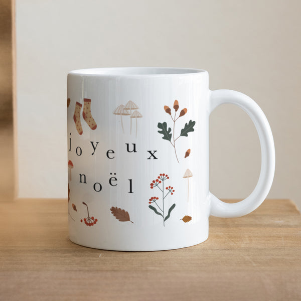 Mug Fin d'année Blanc Joyeux noël, chêne, champignons photo
