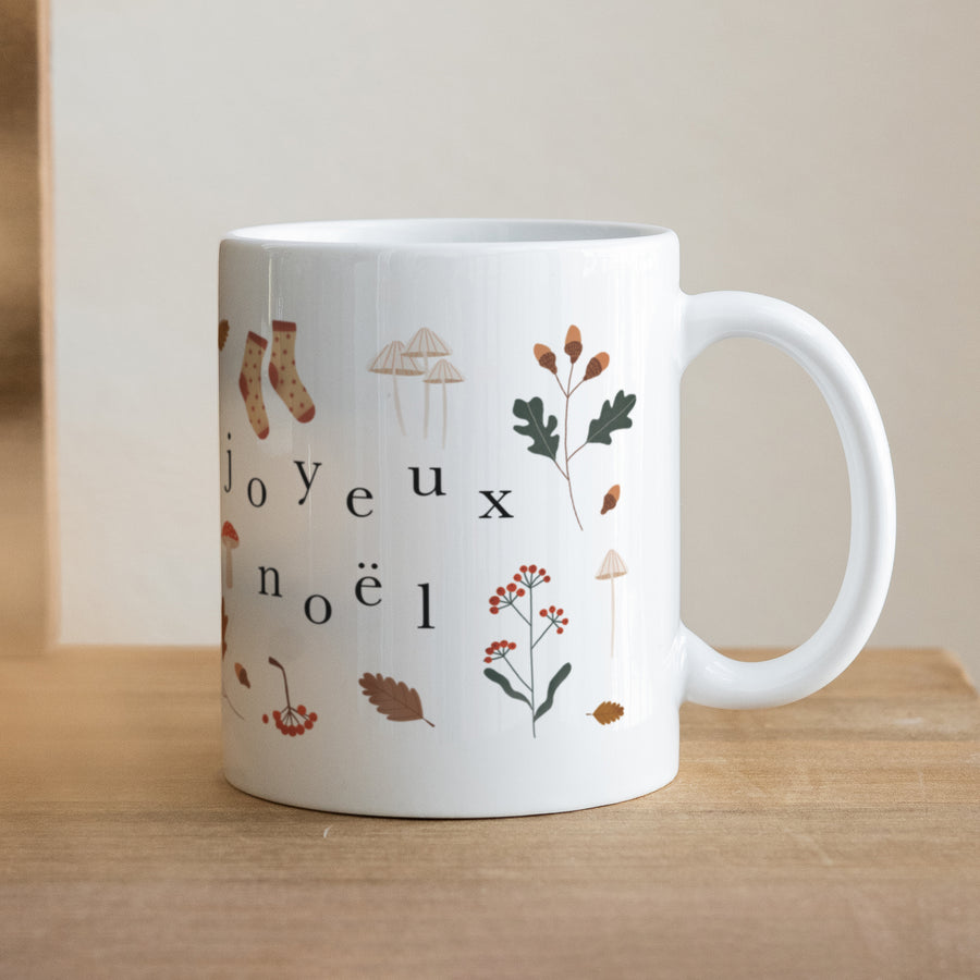 Mug Fin d'année Blanc joyeux noël, chêne, champignons photo