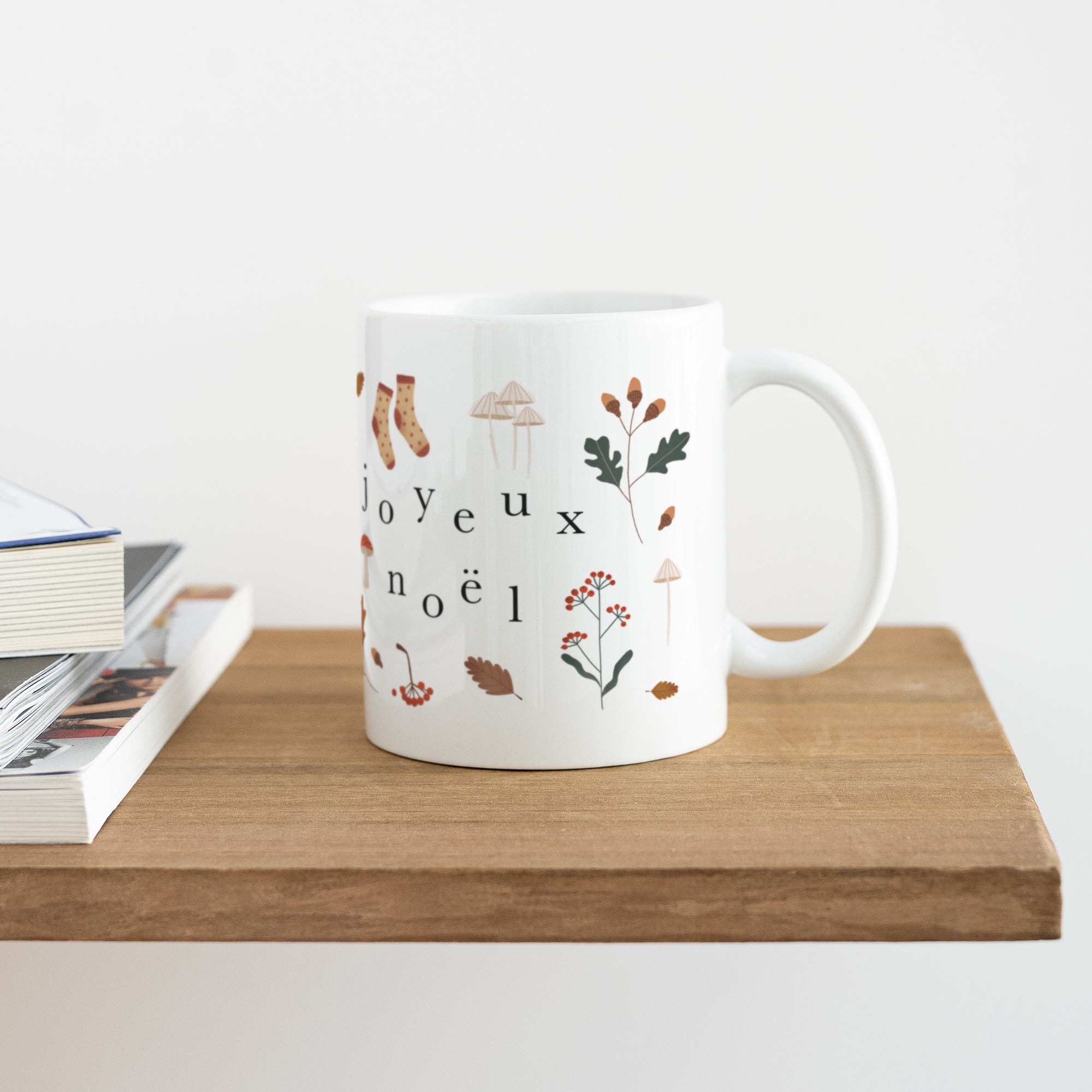 Mug Fin d'année Blanc Joyeux noël, chêne, champignons photo N° 4