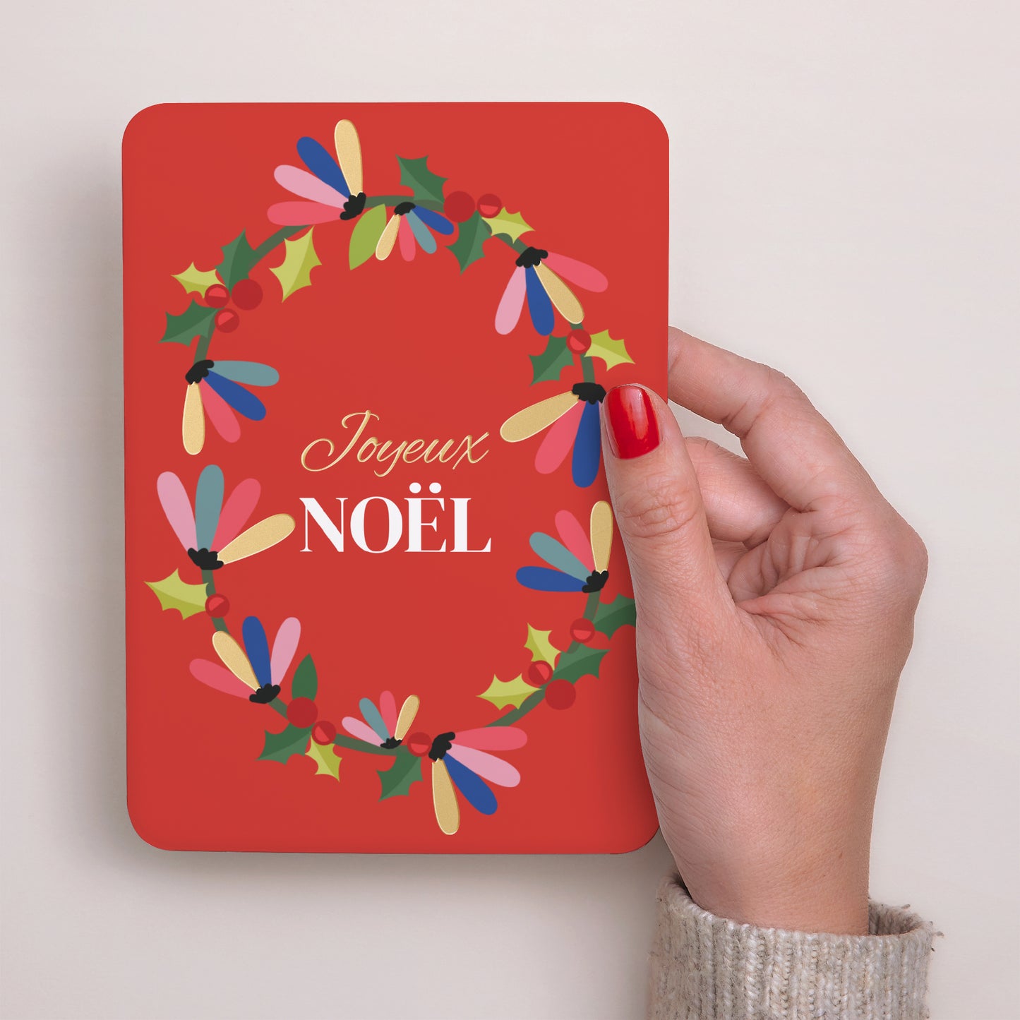 Carte de Noel Fin d'année Portrait, bords arrondis Couronne noël fond rouge photo N° 2