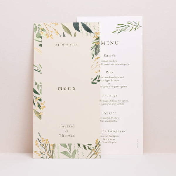 Menu Mariage Panoramique portrait Végétal, Eclats Dorés photo