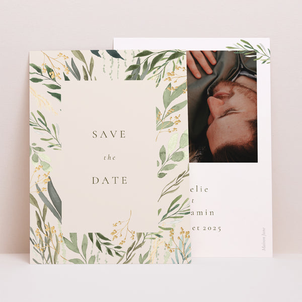 Save the date Mariage Portrait Végétal, Eclats Dorés photo