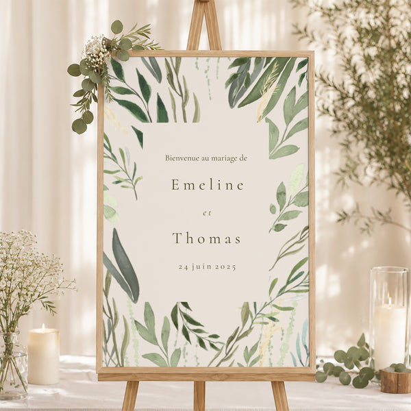 Panneau bienvenue Mariage Portrait 60 x 90 cm Végétal, Eclats Dorés photo