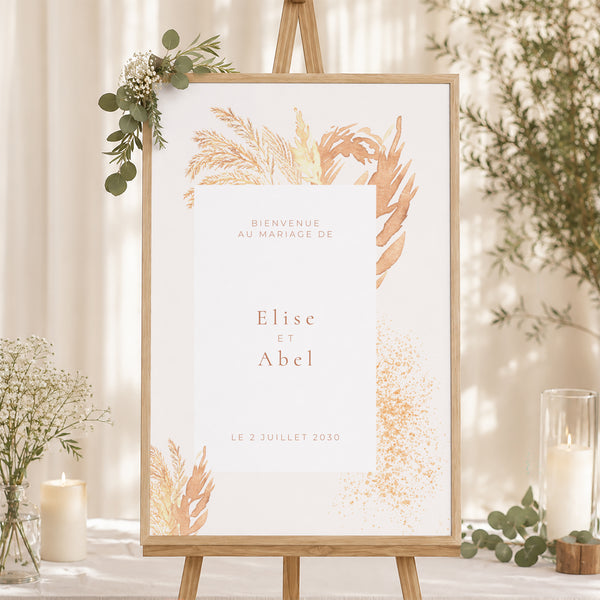 Panneau bienvenue Mariage Portrait 60 x 90 cm Pampa, cadre décentré photo