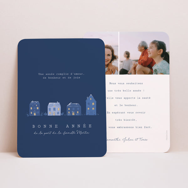 Carte de voeux Fin d'année Portrait, bords arrondis Petites Maisons Éclairées photo