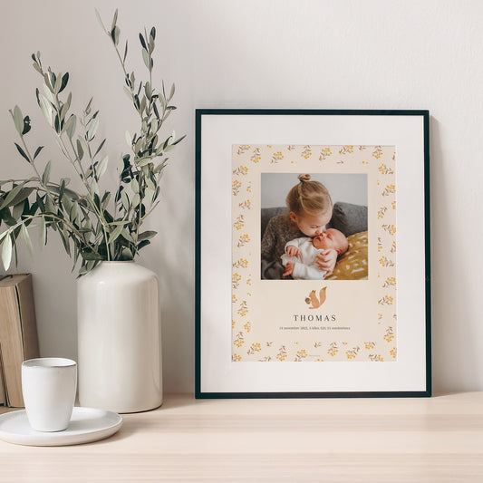 Affiche Naissance Portrait ecureuil, motif fleurs photo