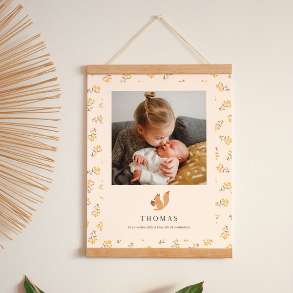 Affiche Naissance Portrait 30 x 40 cm Ecureuil, motif fleurs photo