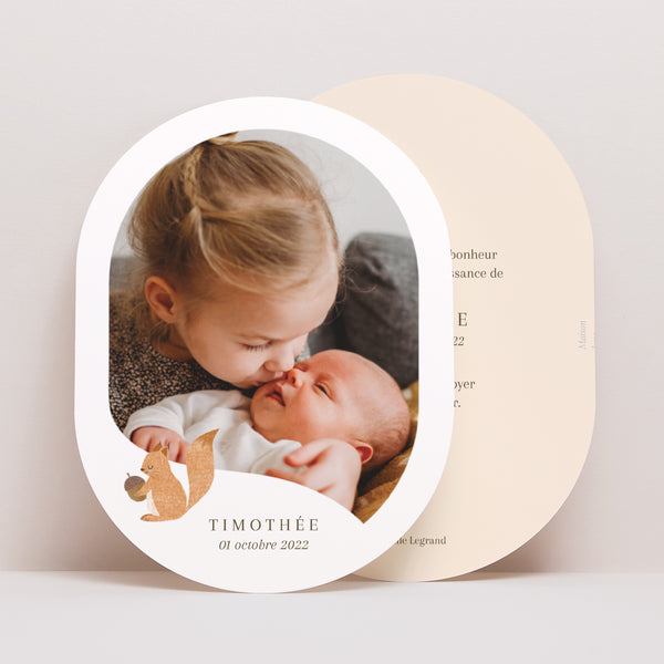 Faire-part Naissance Ovale Ecureuil, motif fleurs photo