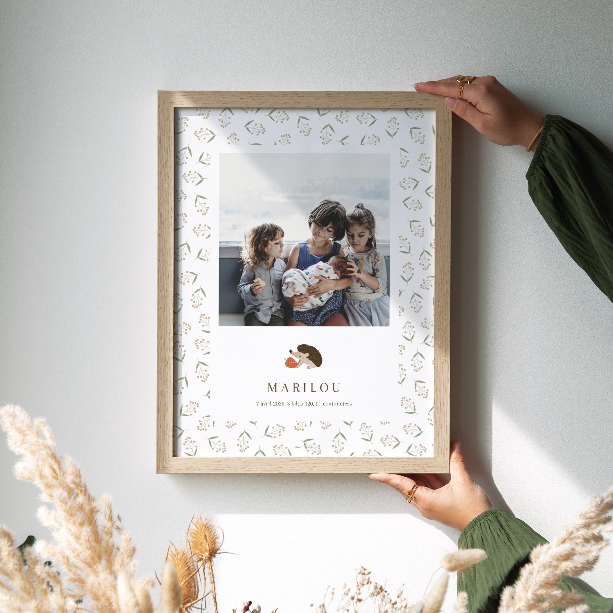 Affiche Naissance Portrait 30 x 40 cm Hérisson, motif baies photo N° 2