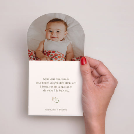 Remerciements Naissance Carré double volet demi-lune hérisson, motif baies