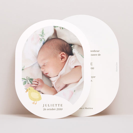 Faire-part Naissance Ovale Poussin & motifs photo