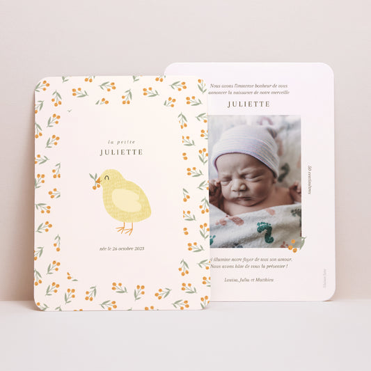 Faire-part Naissance Portrait, bords arrondis Poussin & motifs photo