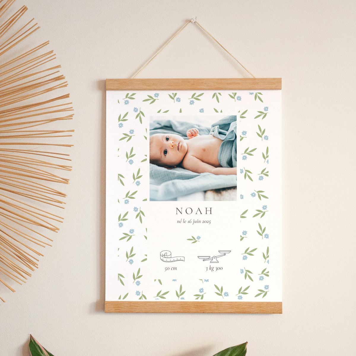 Affiche Naissance Portrait 30 x 40 cm Body fleurs bleues photo N° 1