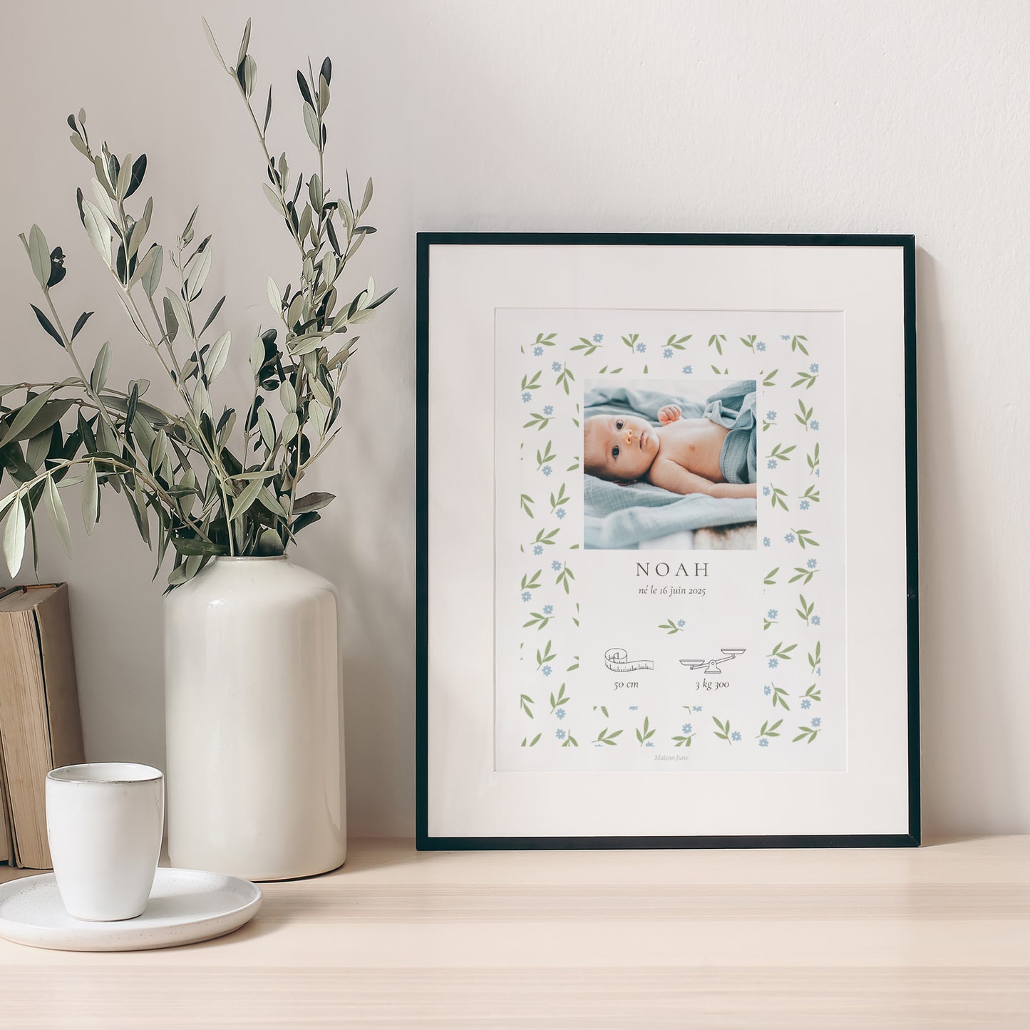 Affiche Naissance Portrait body fleurs bleues photo N° 1