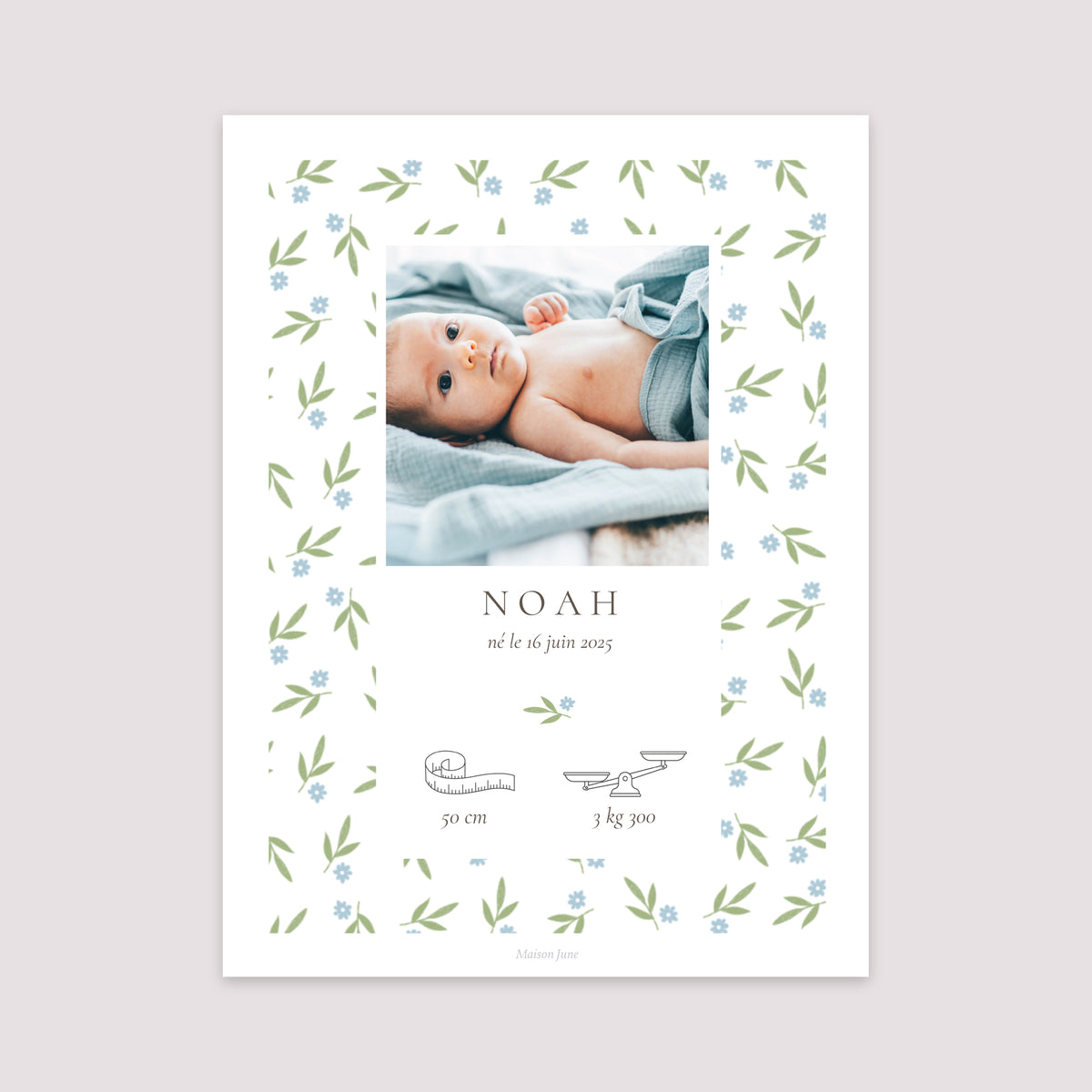 Affiche Naissance Portrait 30 x 40 cm Body fleurs bleues photo N° 2