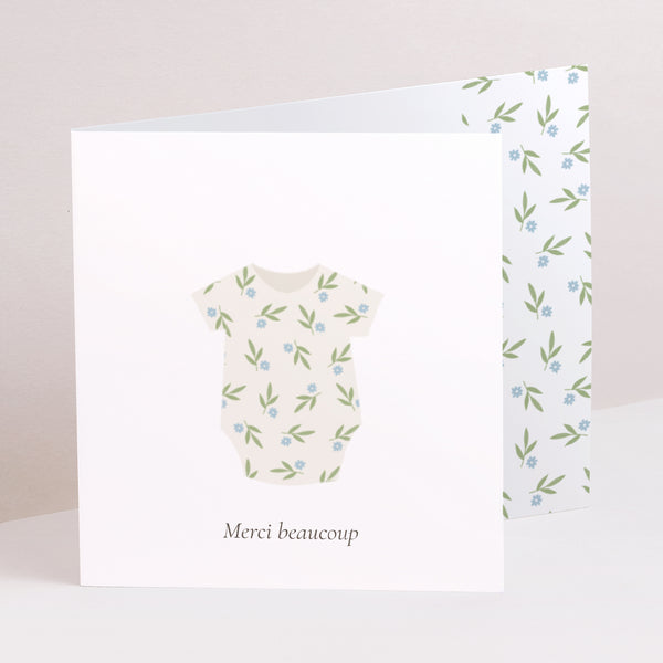 Remerciements Naissance Double volet asymétrique Body fleurs bleues photo
