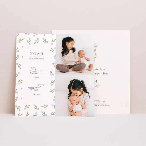 Faire-part Naissance Carré Body fleurs bleues photo