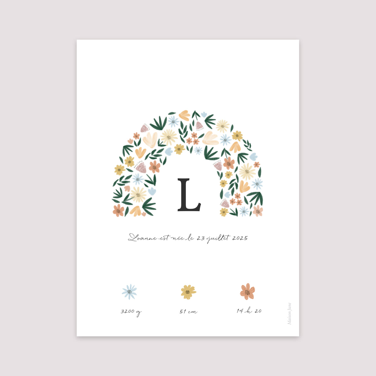 Affiche Naissance Portrait 30 x 40 cm Arc en fleurs Printanier photo N° 2