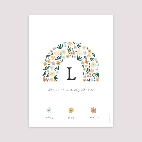 Affiche Naissance Portrait 30 x 40 cm Arc en fleurs Printanier