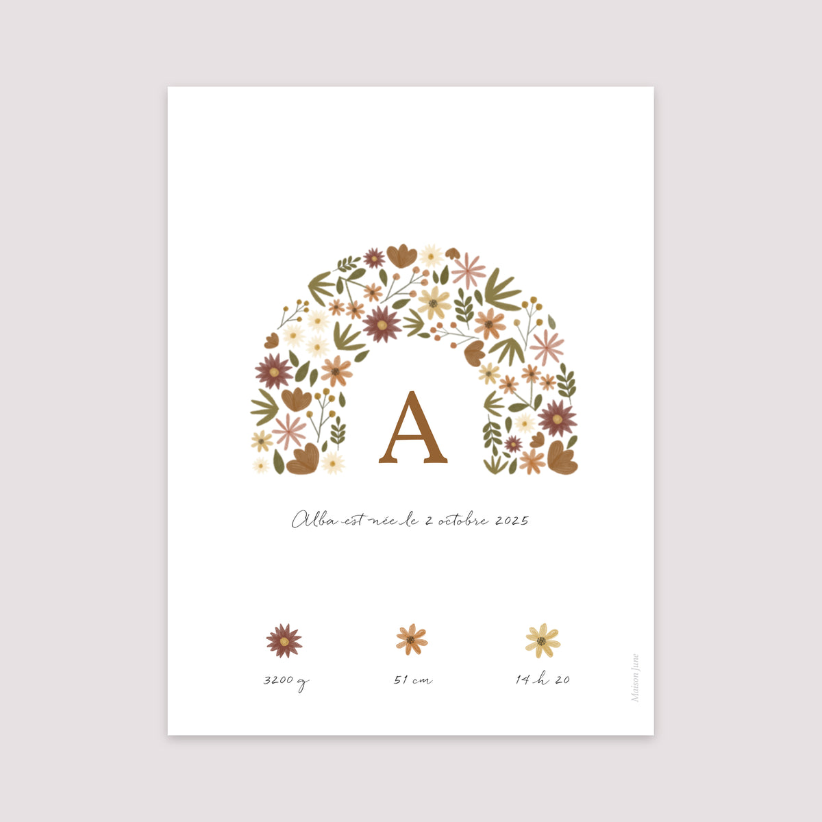 Affiche Naissance Portrait 30 x 40 cm Arc en fleurs Automnal photo N° 2